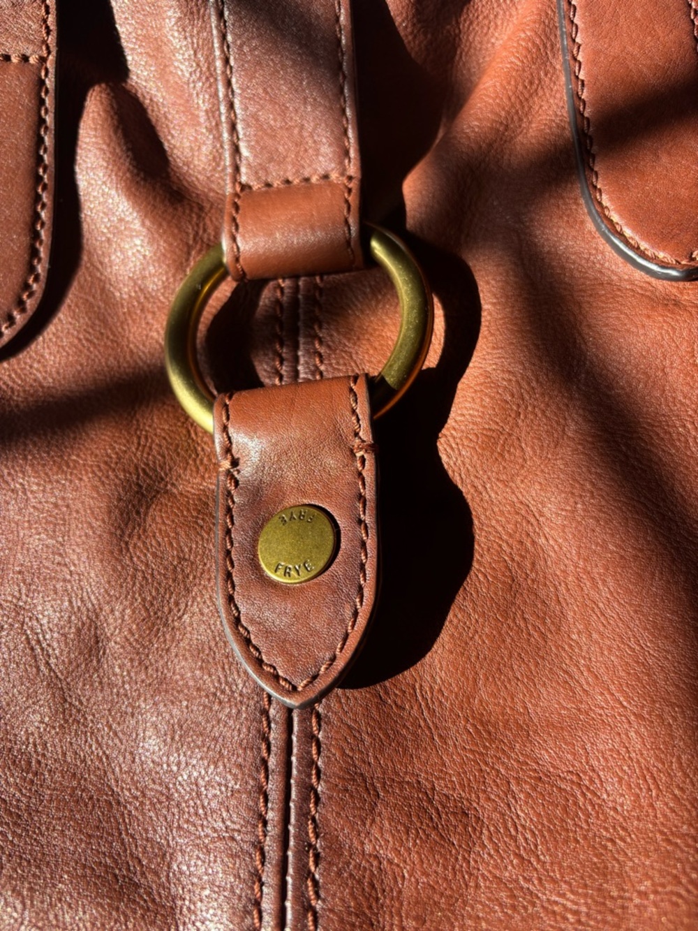 Frye Leather Ring Tote Bag Purse, Cognac, Genuine Leather - Picture 2 of 14